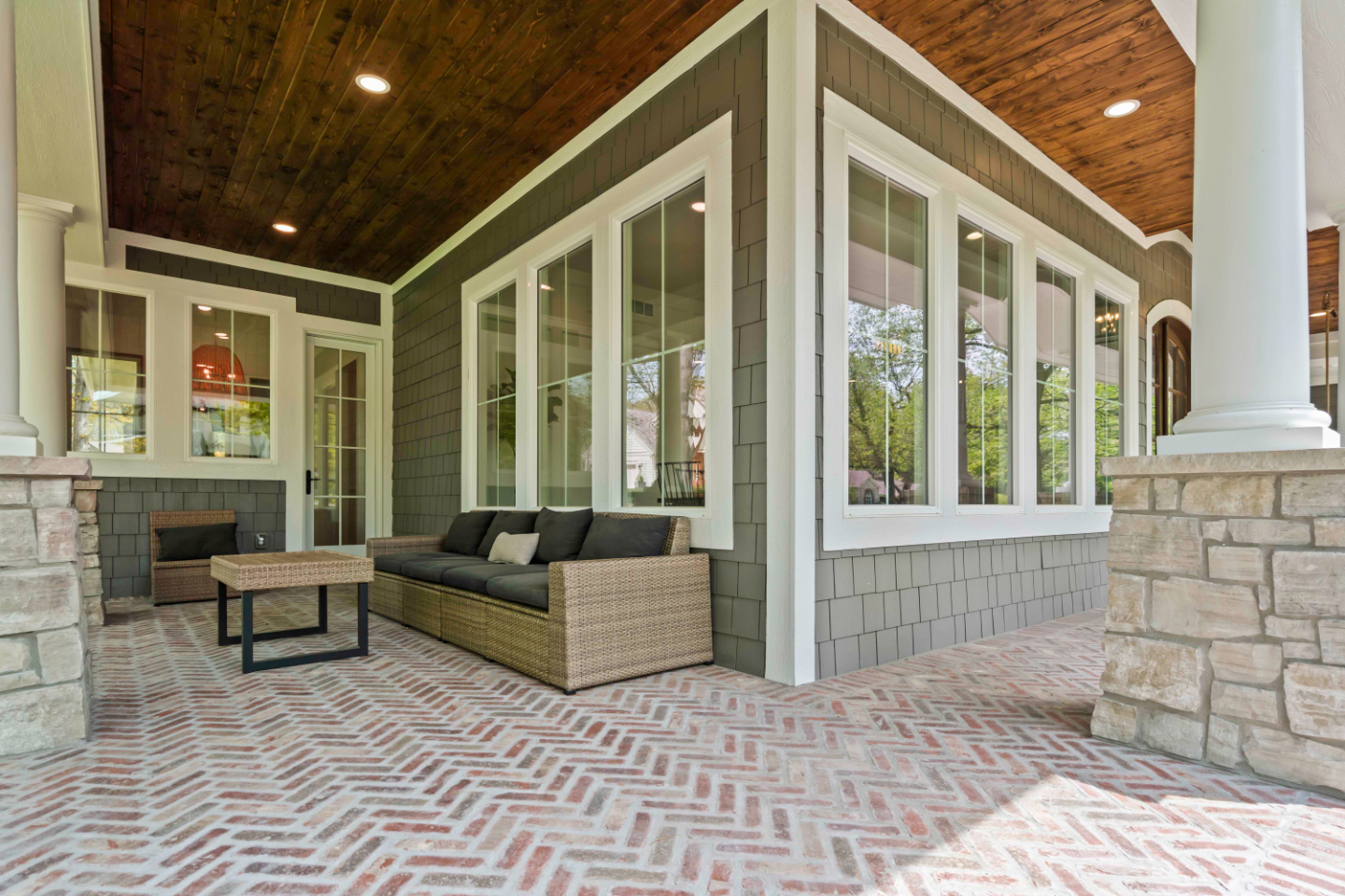 Closeup of the front deck with brick interlaced floor